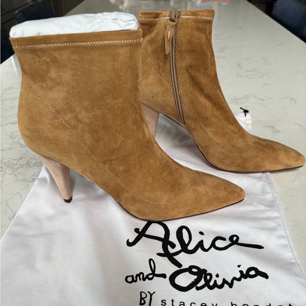 Alice + Olivia Camel Suede Heeled Boots - Picture 3 of 5